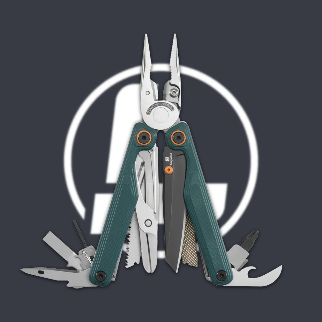 Multi-tool with various blades and pliers against a circular logo background.
