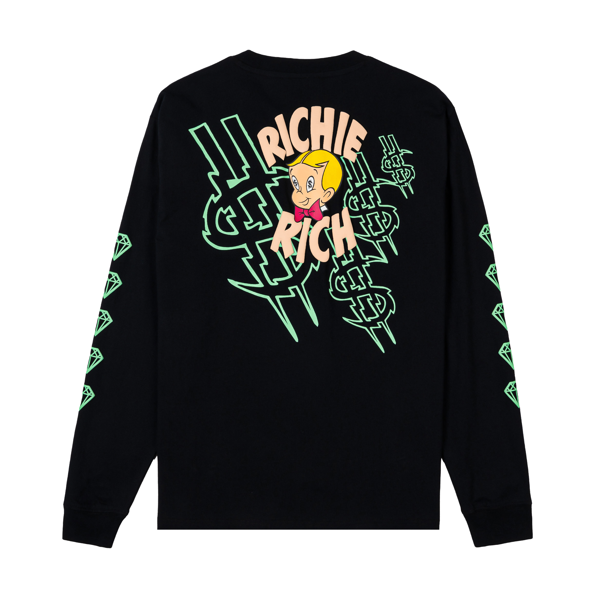 Black long-sleeve shirt with decorative sleeves and embroidered logo.