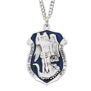 Saint Michael Sterling Silver with Blue Epoxy Law Enforcement Shield Necklace