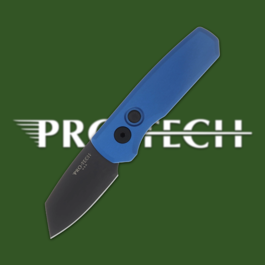 Blue folding knife with a black blade and Protech logo.