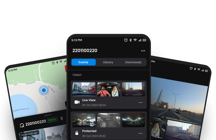 Three smartphone screens displaying a navigation app interface.