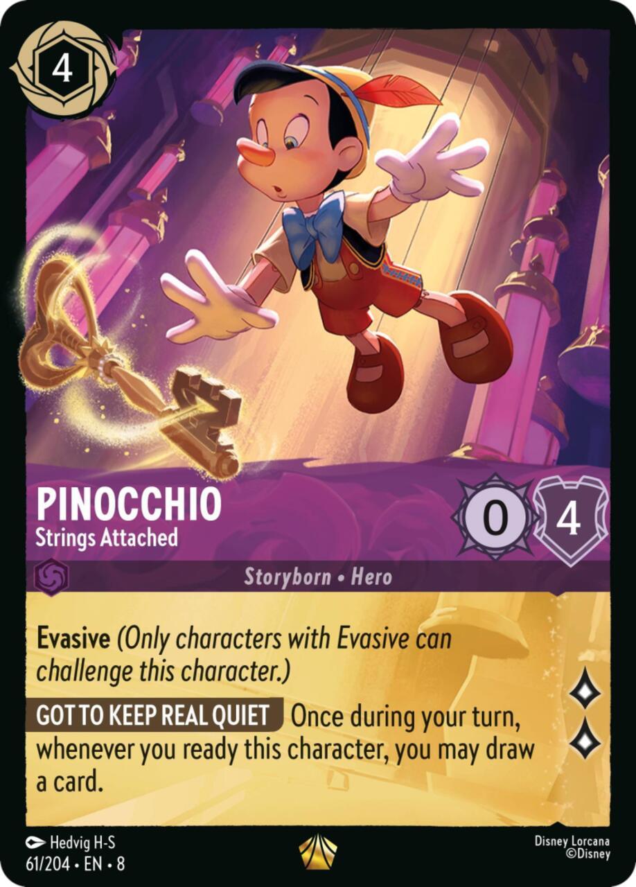 Pinocchio card with abilities and stats in a card game format.