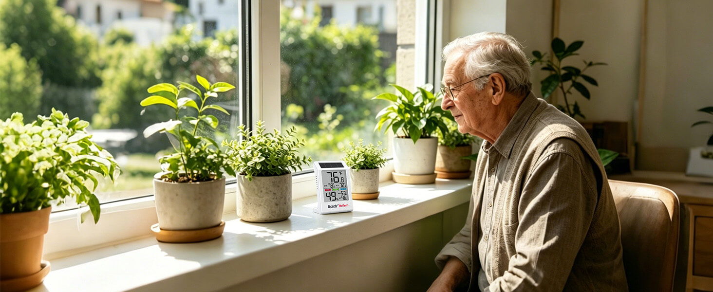 An elderly man sitting by a window with potted plants.