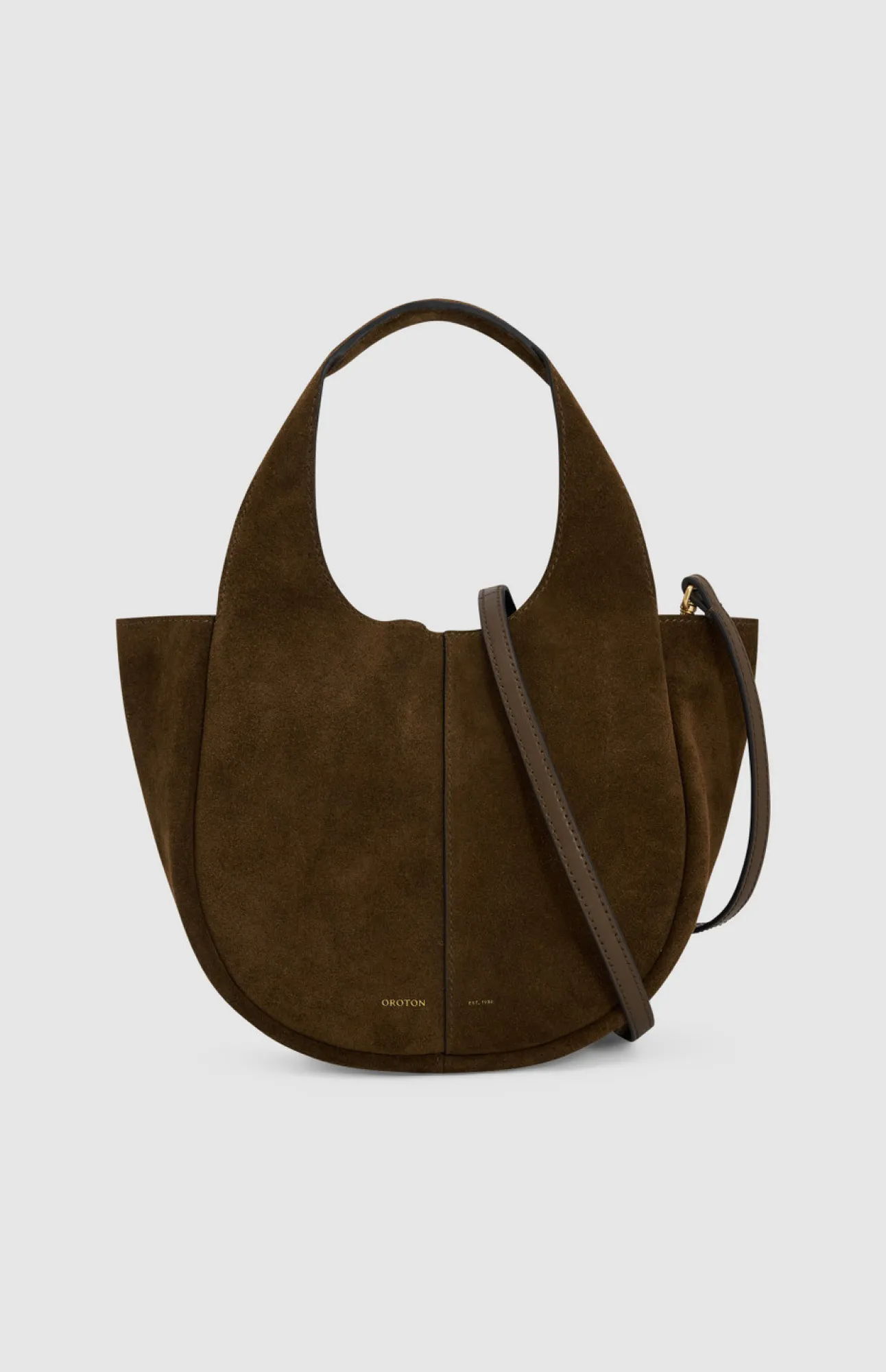 Brown suede tote bag with a shoulder strap.