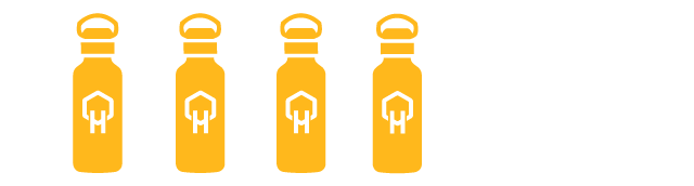 Four yellow bottles in a row with a logo beside them.