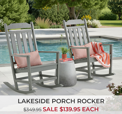 Two gray porch rockers by a pool with sale price displayed.