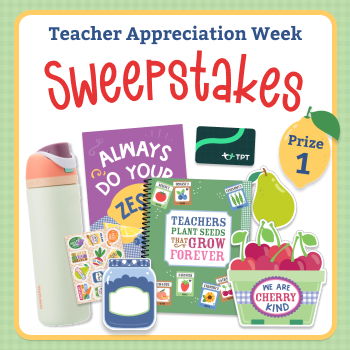 Teacher Appreciation Week Sweepstakes promotional image featuring various prizes and text.