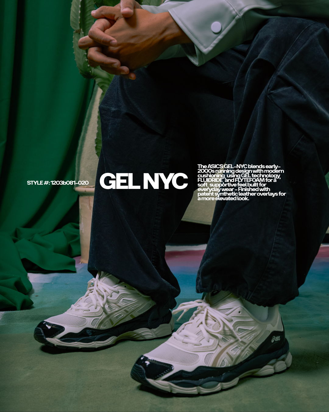 Person sitting with hands clasped, wearing fashionable sneakers and dark pants.