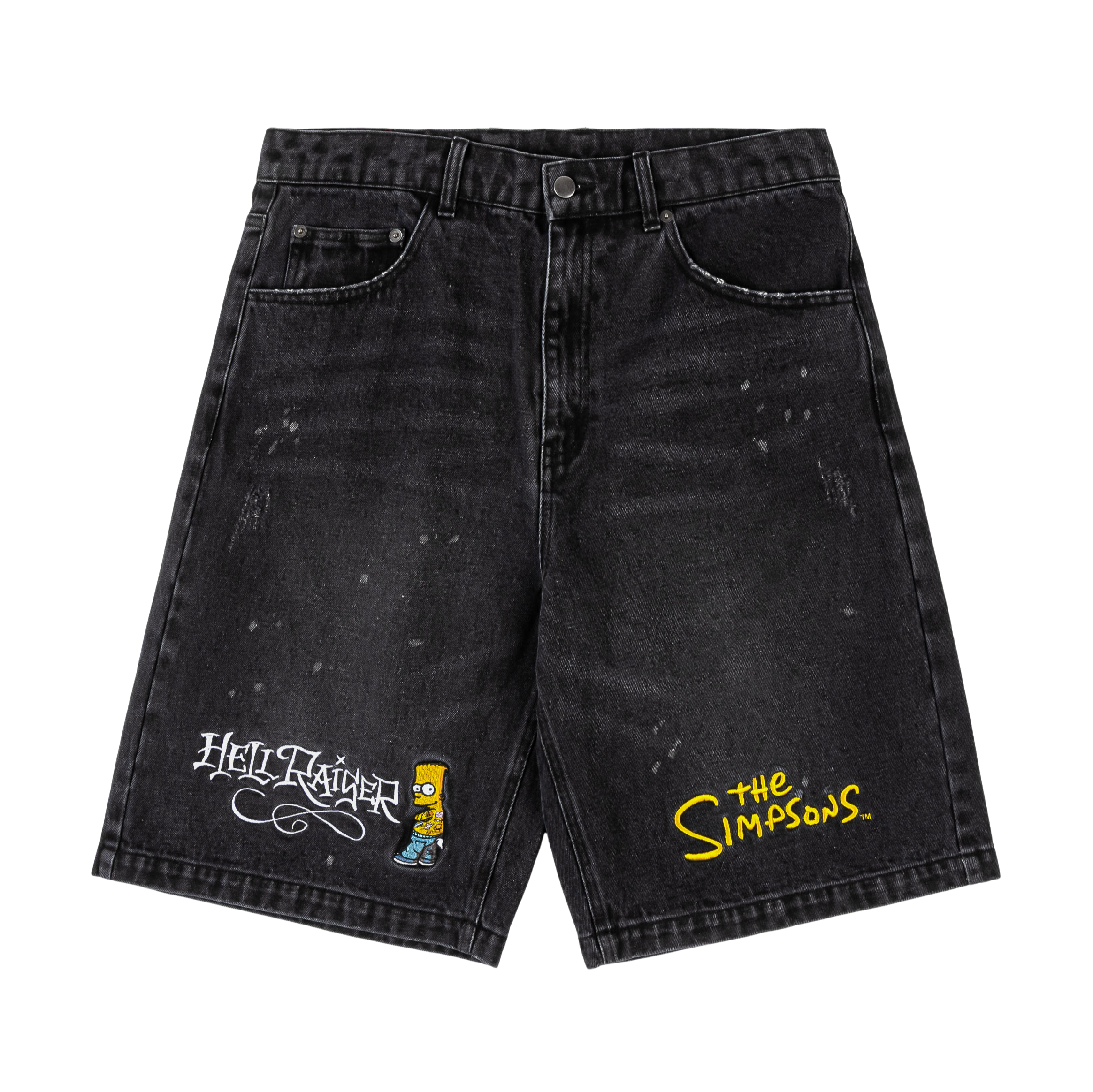 Black denim shorts featuring The Simpsons and a graphic logo.