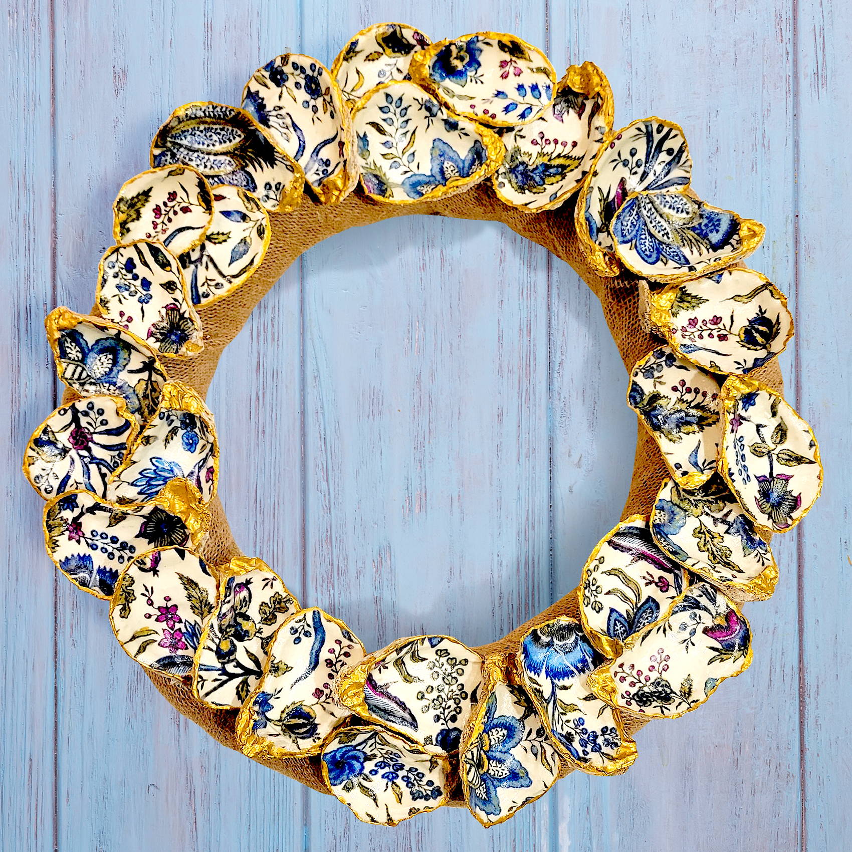 Blue Exotic Flowers Oyster Shell Wreath