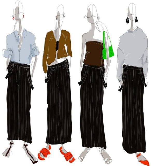 four illustrated women in a black maxi skirt