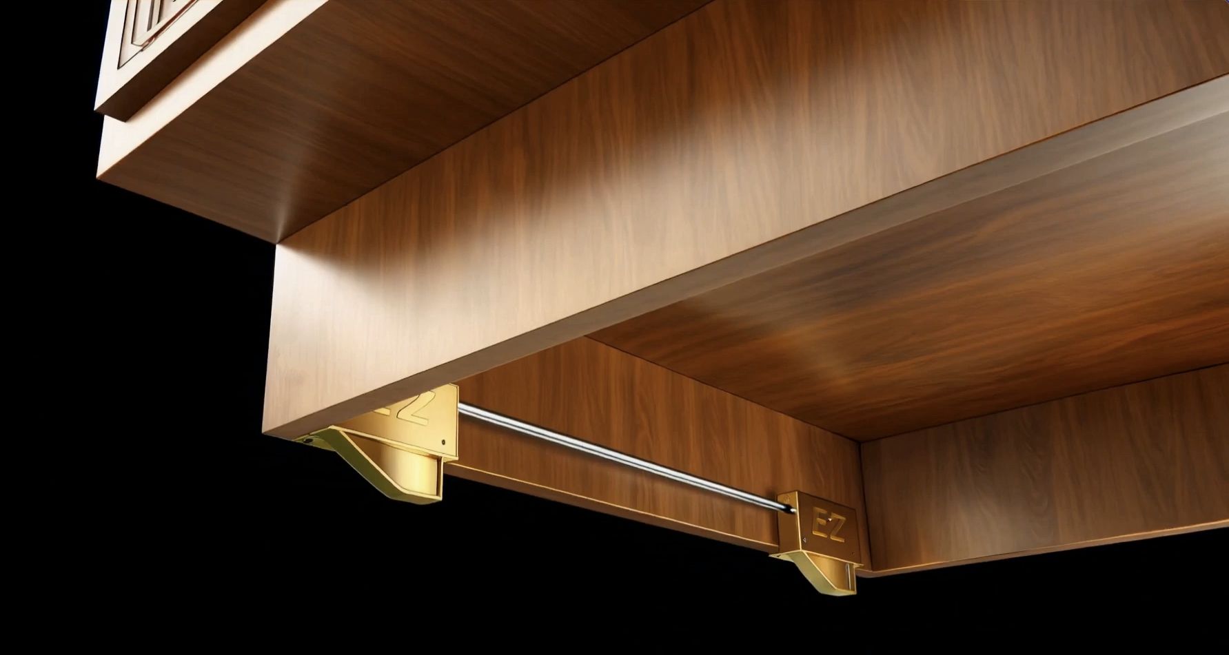 Close-up of a wooden table edge with metallic support.