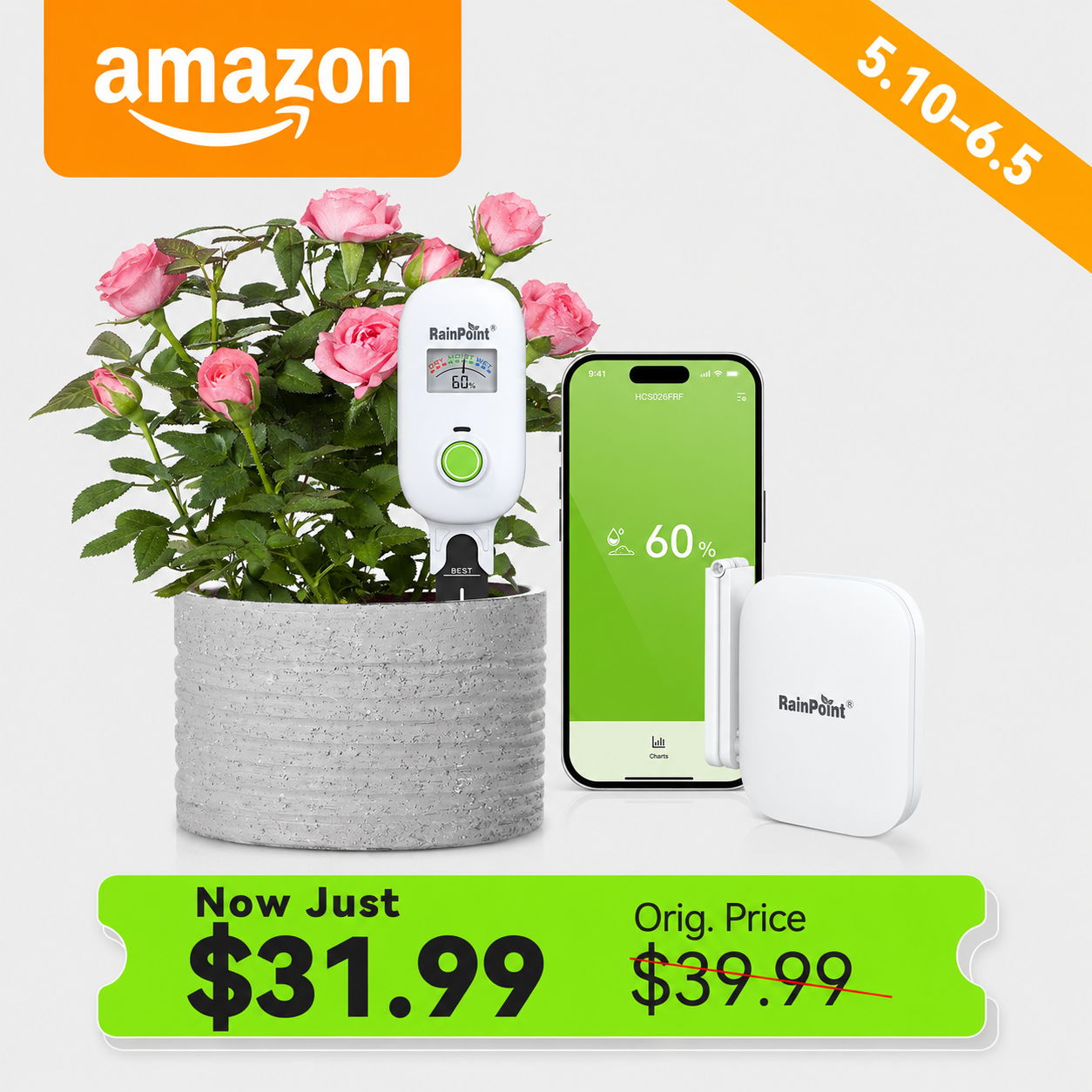 Plant with sensor, phone display, and price tags from Amazon.