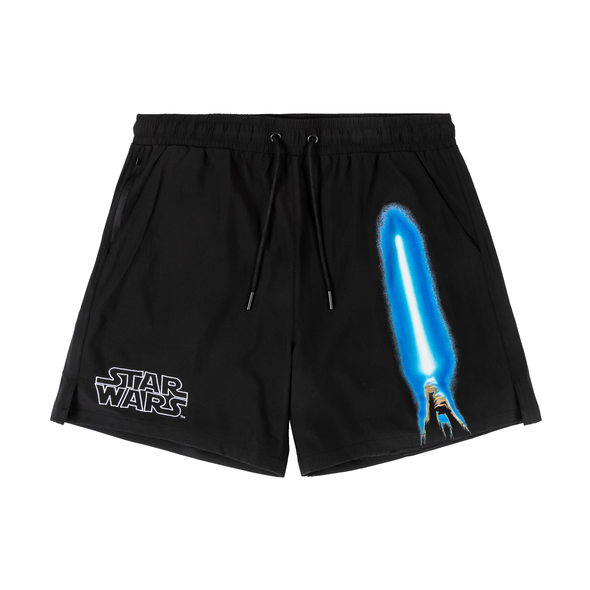 Black swim shorts with a blue lightsaber graphic and 