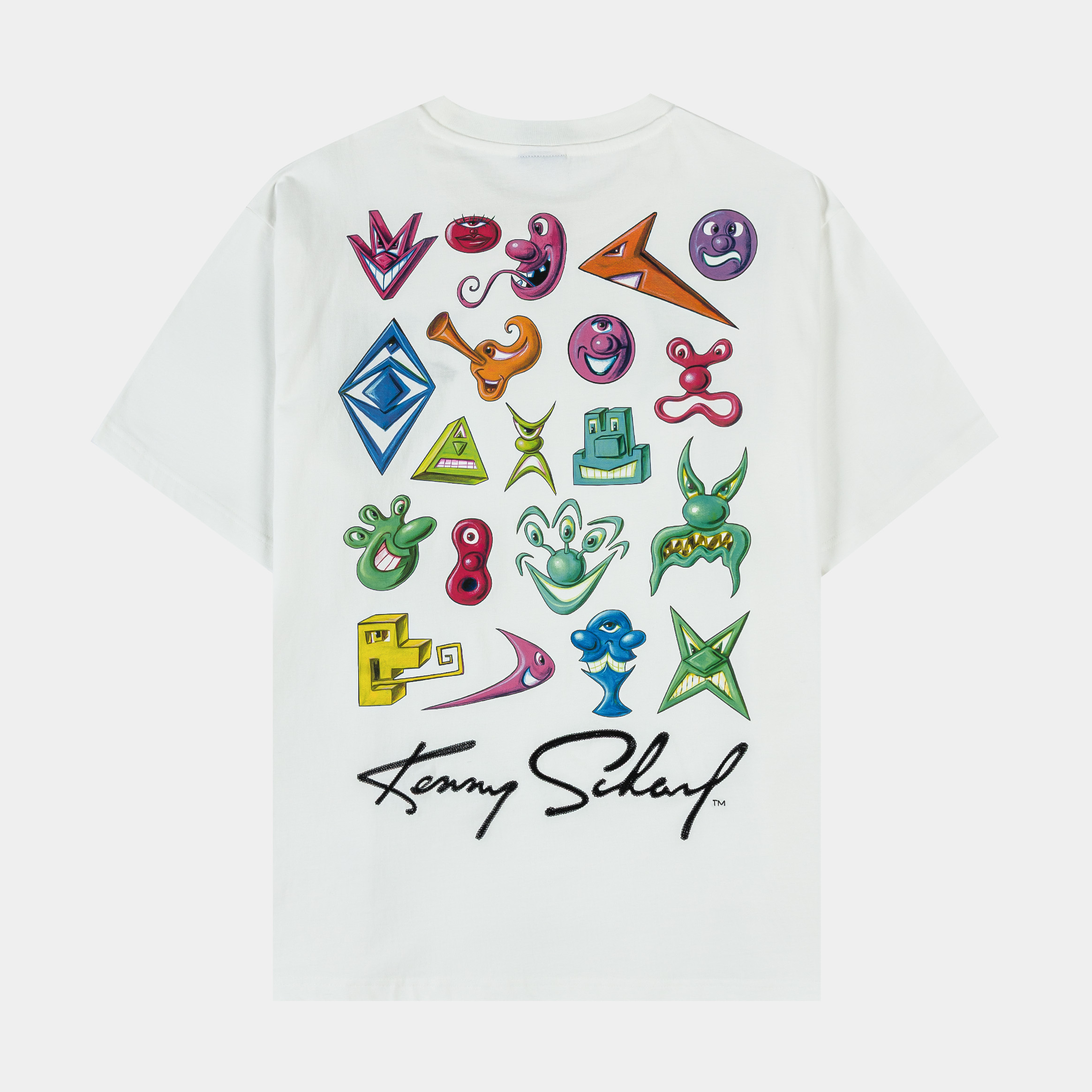 White t-shirt with colorful graphic designs and green star on the front.