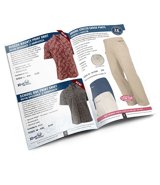 Clothing catalog page featuring shirts and pants with descriptions and prices.
