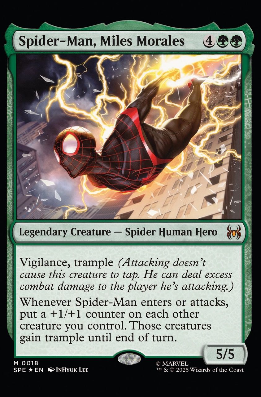 Spider-Man, Miles Morales card with abilities and stats.