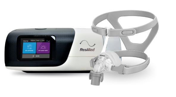 CPAP machine with display and attached mask for sleep apnea therapy.