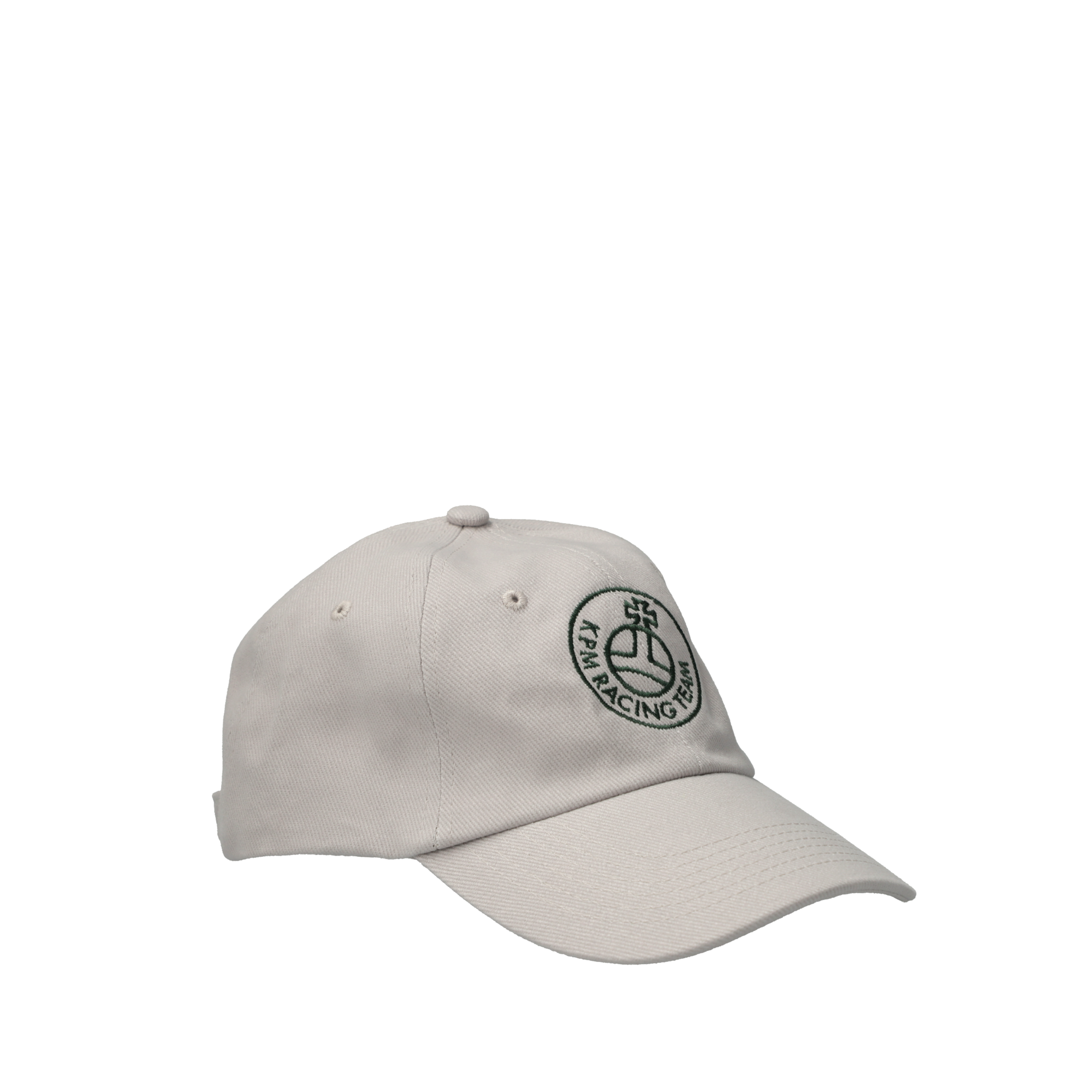A light gray baseball cap with a circular logo.