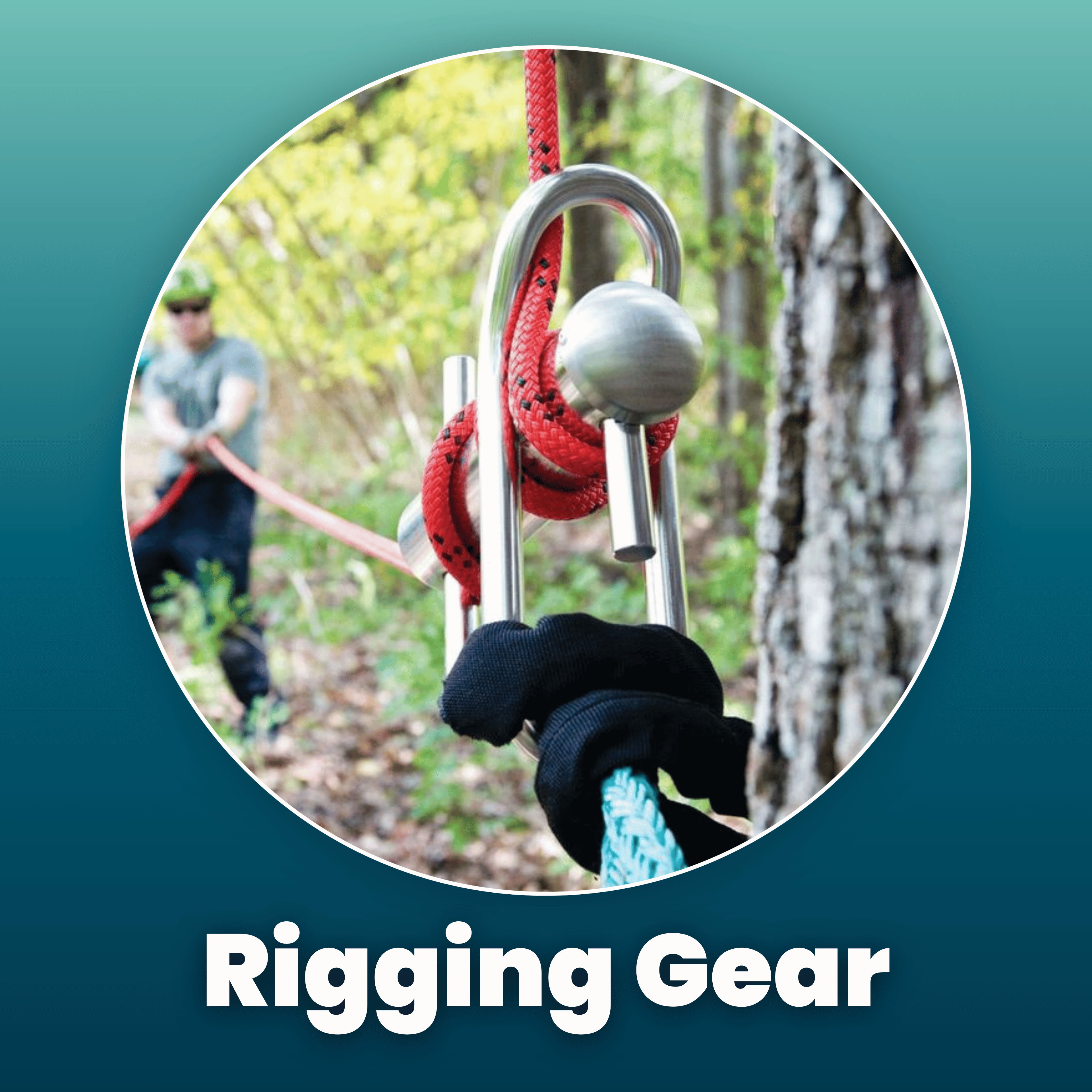 Close-up of rigging gear with a person in the background.