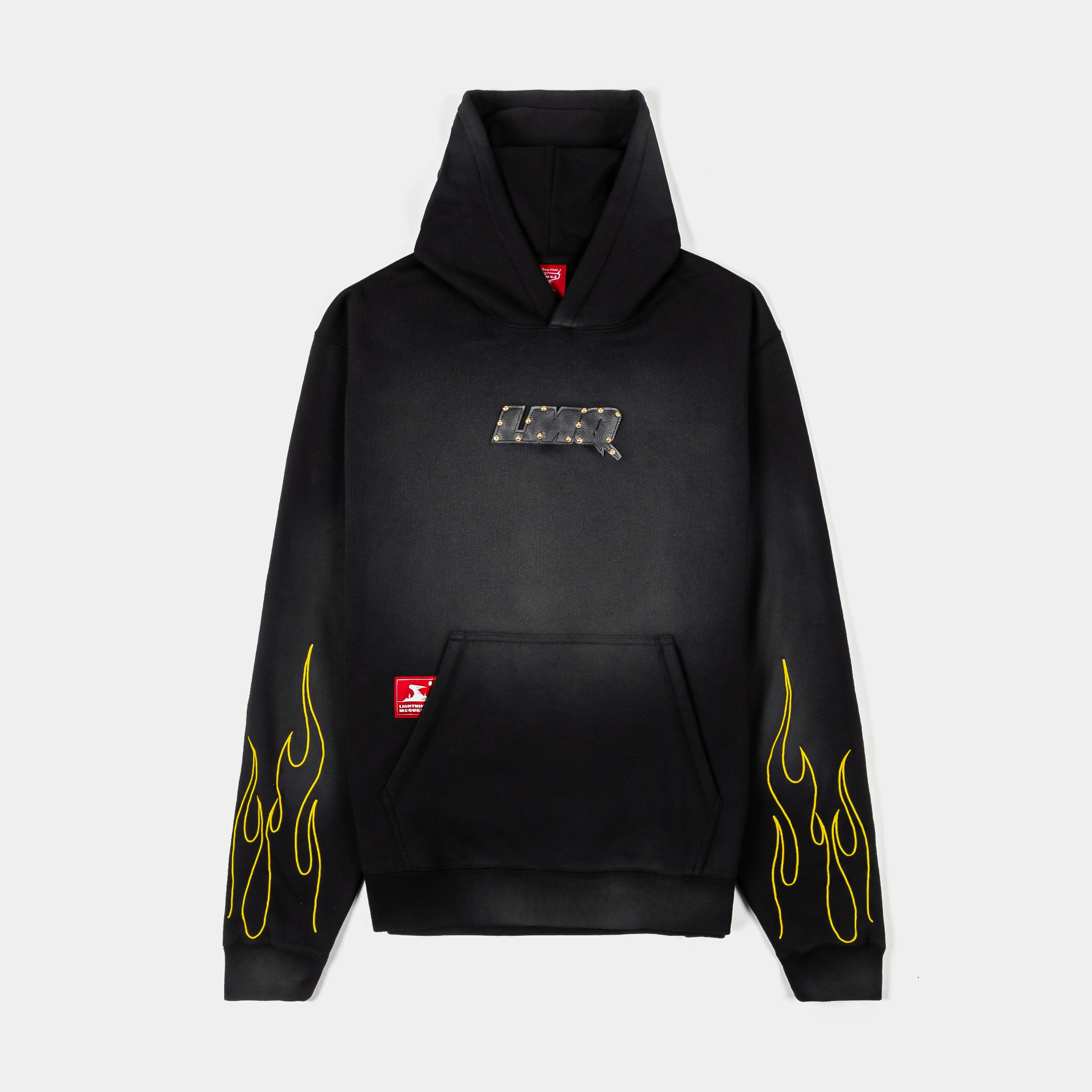 Black hoodie with flame designs on sleeves and logo on chest.