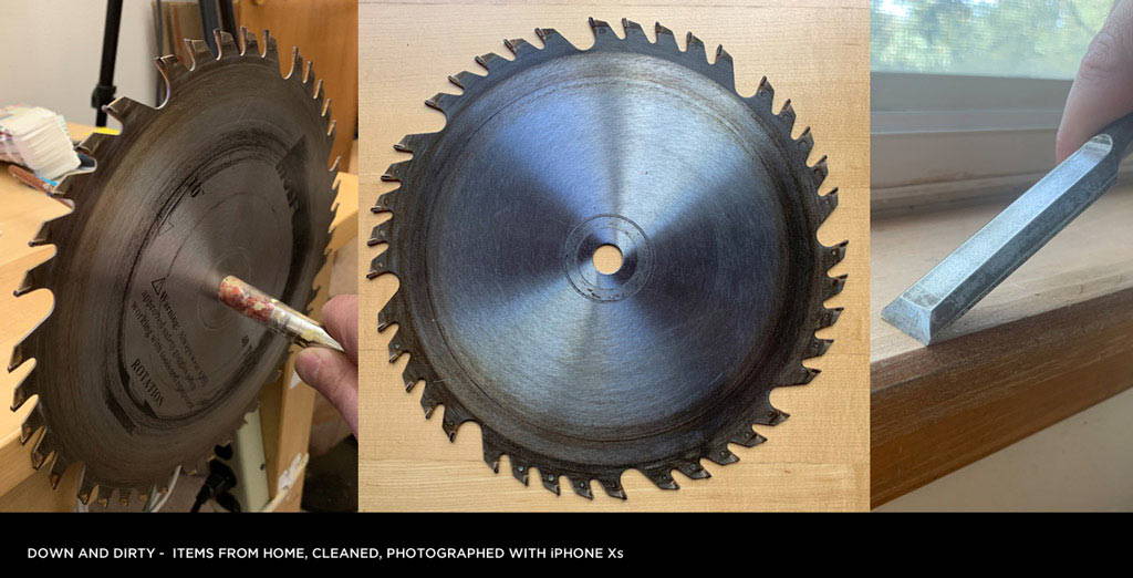 Three pictures taken by the artist of a saw blade and chisel to be used in the editorial collage