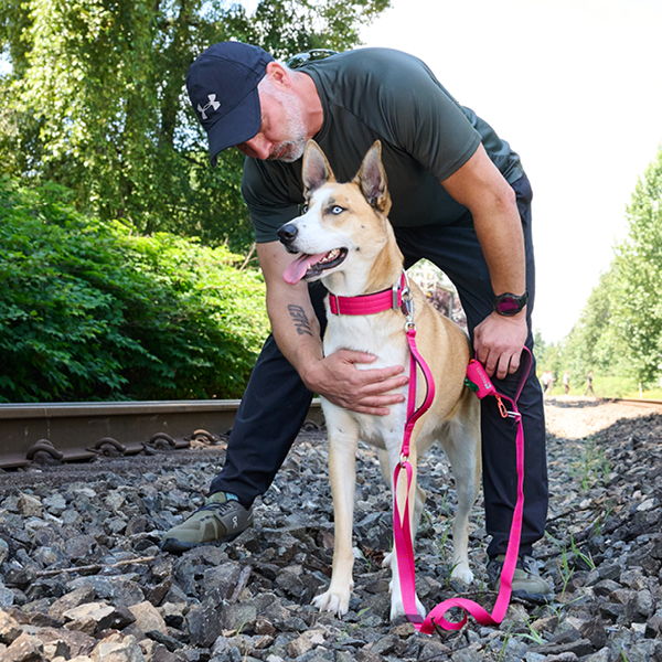 Man with a dog on a leash near train tracks.