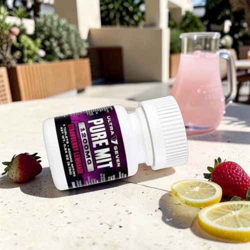 Bottle of Pure MIT supplement beside lemonade and strawberries on a table.