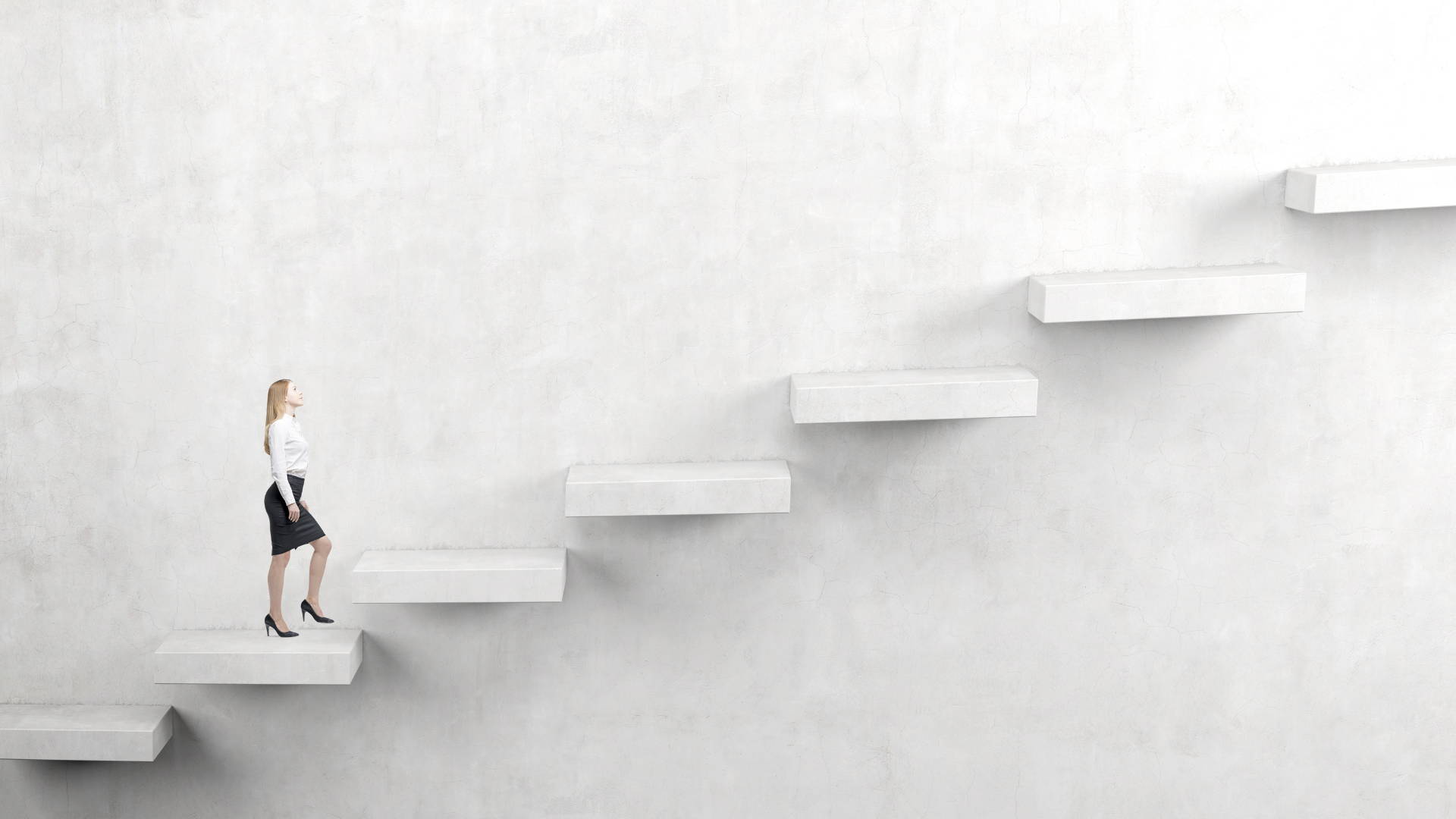 woman climbing up stairs, symbolizing career growth