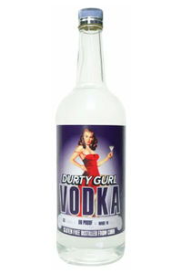 Bottle of Durty Gurl Vodka with a retro pin-up girl design.