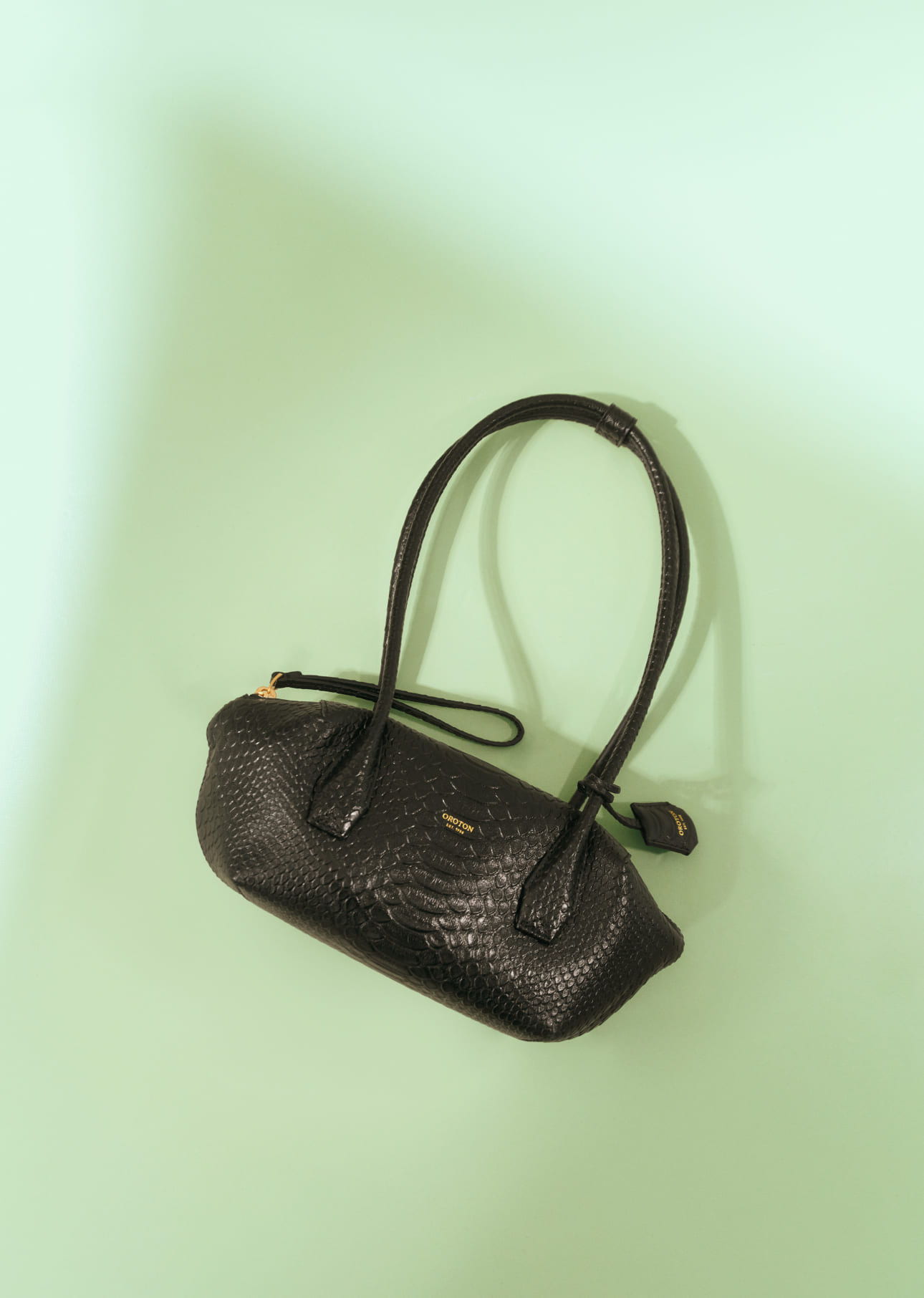 A black woven handbag on a mint green background.