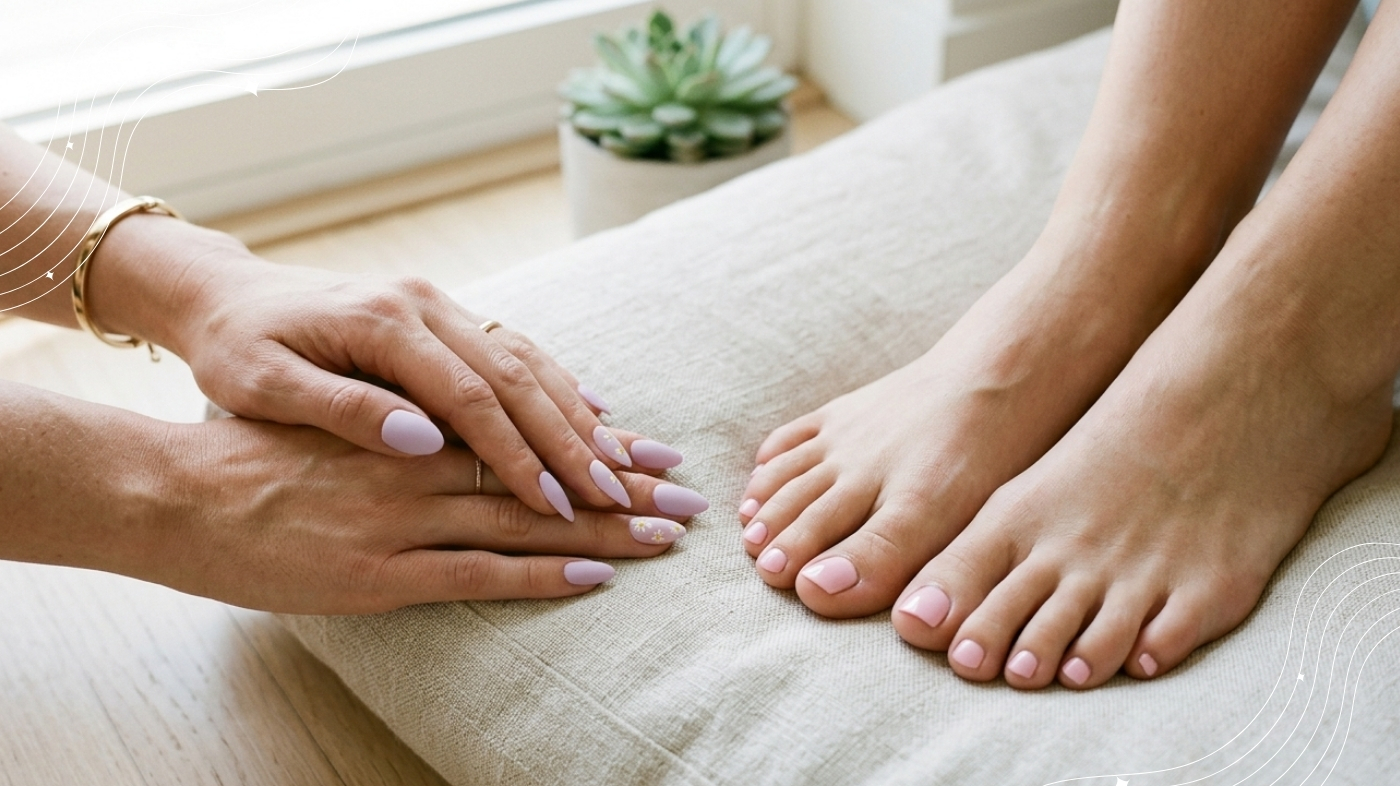 EyeCandys press-on nails paired with soft pink spring pedicure — matching spring manicure and pedicure