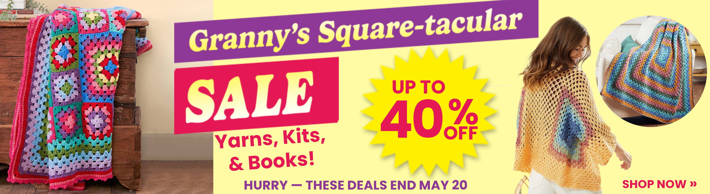 Granny's Square-tacular Sale - Up to 40% off Yarns, Kits, and Books until May 20. Image: featured granny square projects