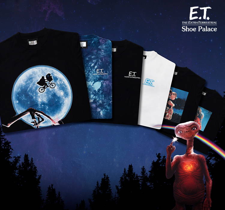 shoe palace x et t shirts folded with sky background and et creature