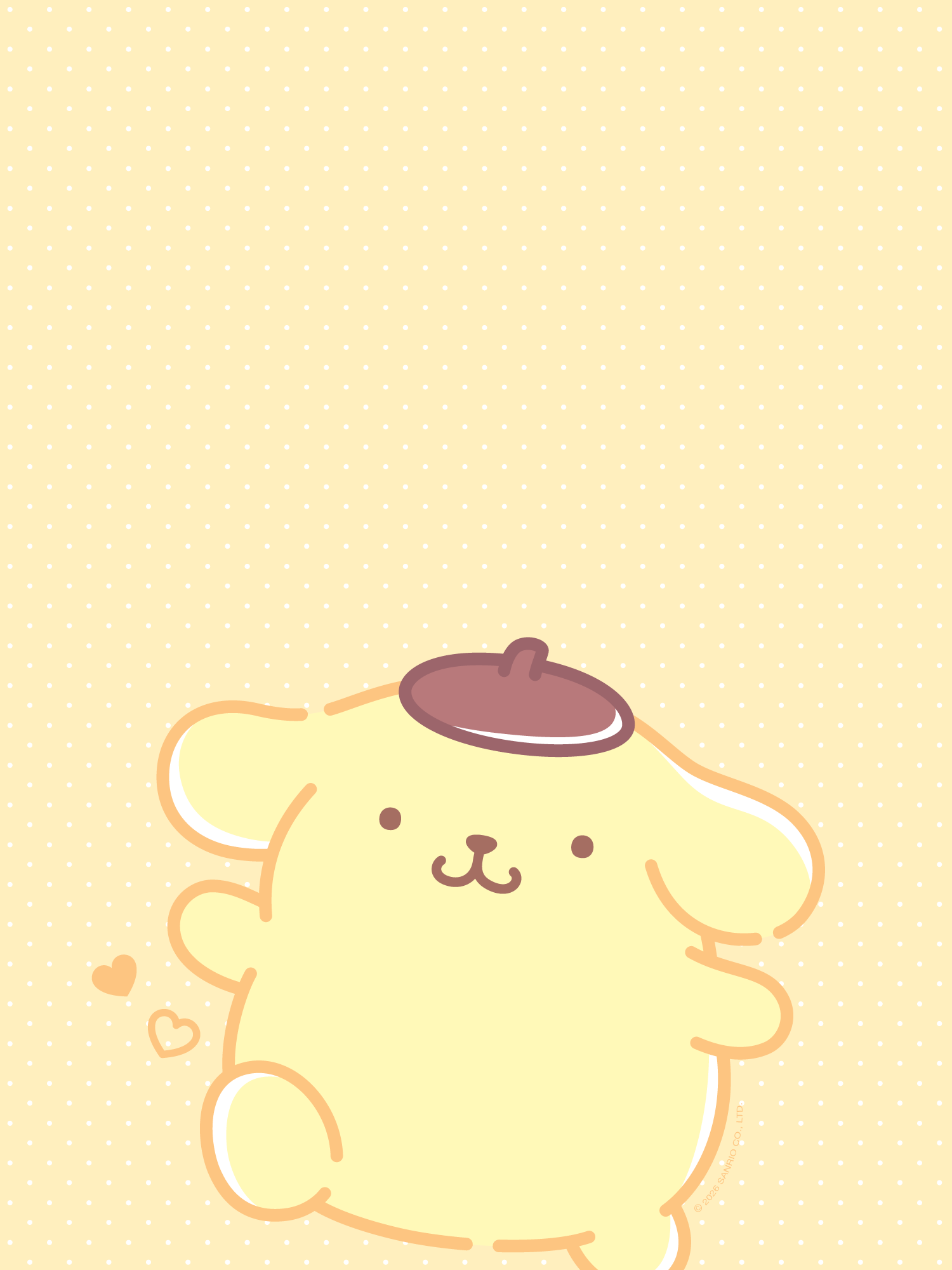 A cute yellow dog with an acorn hat, smiling and walking.