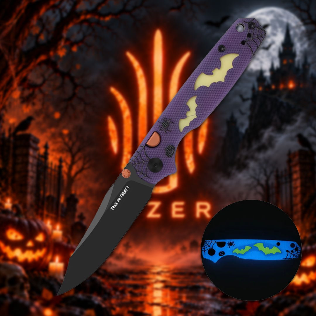 Purple knife with bat design against a Halloween backdrop.