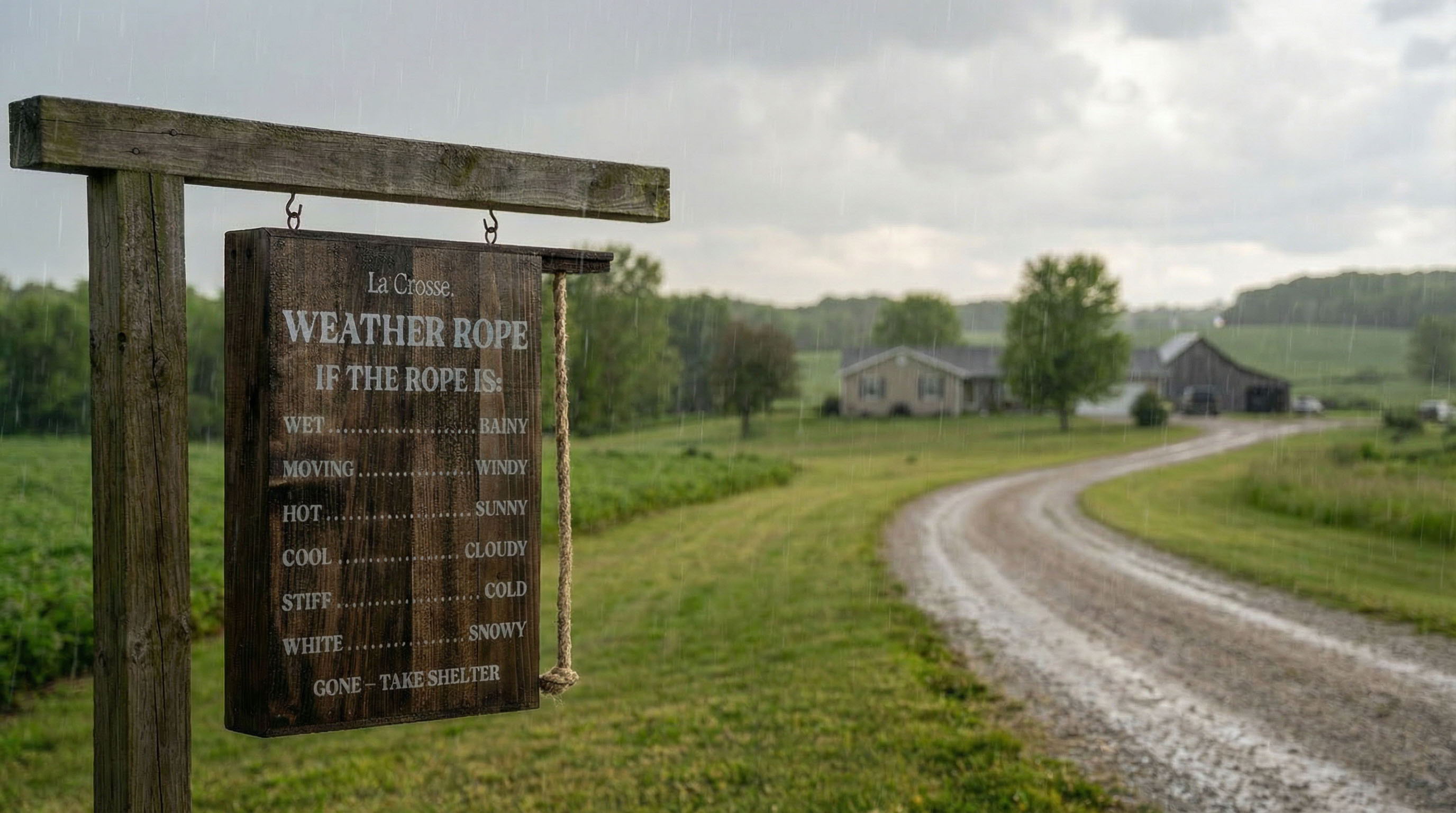 The La Crosse Weather Rope on a rainy Spring day near a dirt road leading to a farmhouse in green countryside.