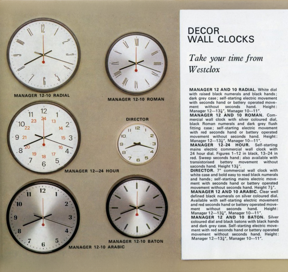 Westclox wall clocks displayed with descriptions and a decorative design.