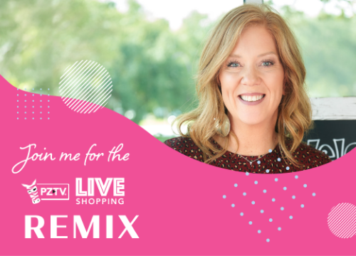 Woman smiling with text promoting live shopping event titled 