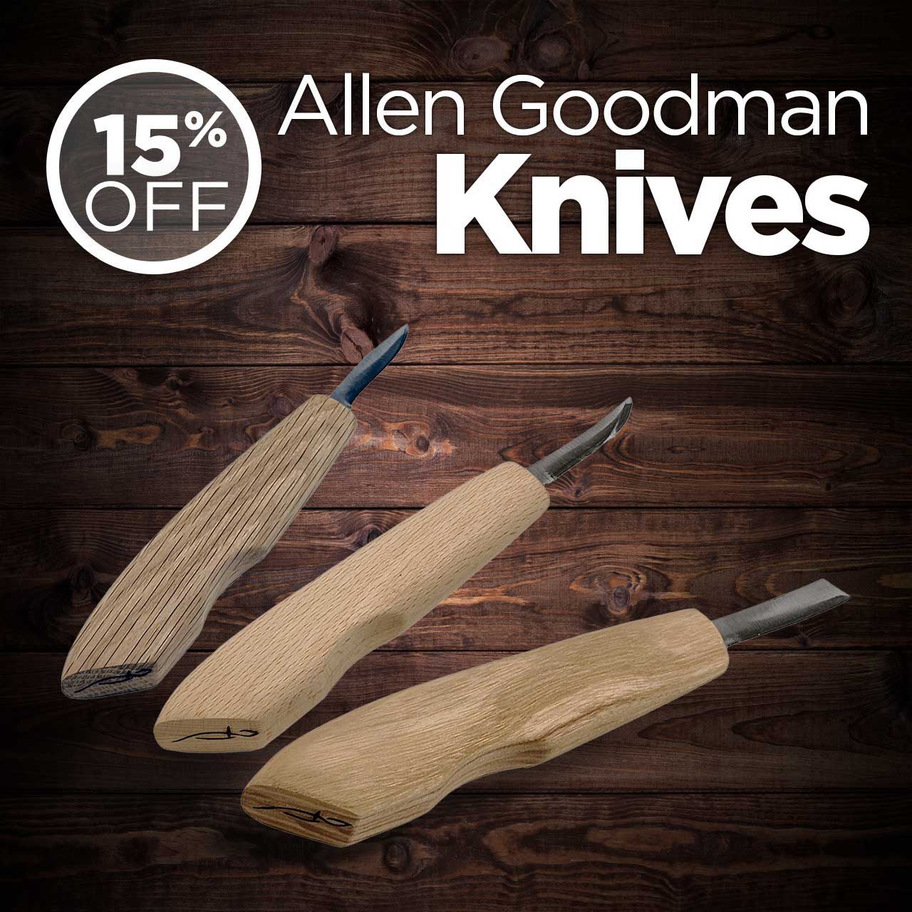 Promotional image for Allen Goodman knives with a 15% discount offer.
