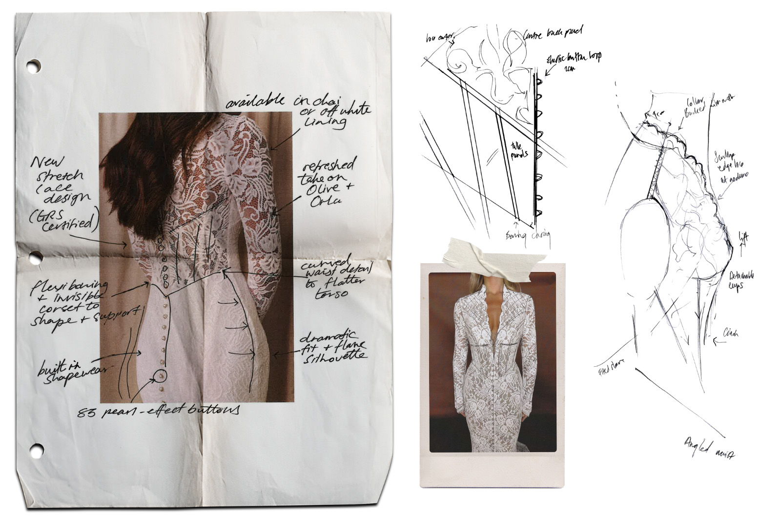 Fashion sketches and notes with a photo of a wedding dress design.