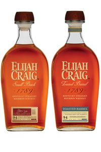 Two bottles of Elijah Craig bourbon whiskey with distinct labels.