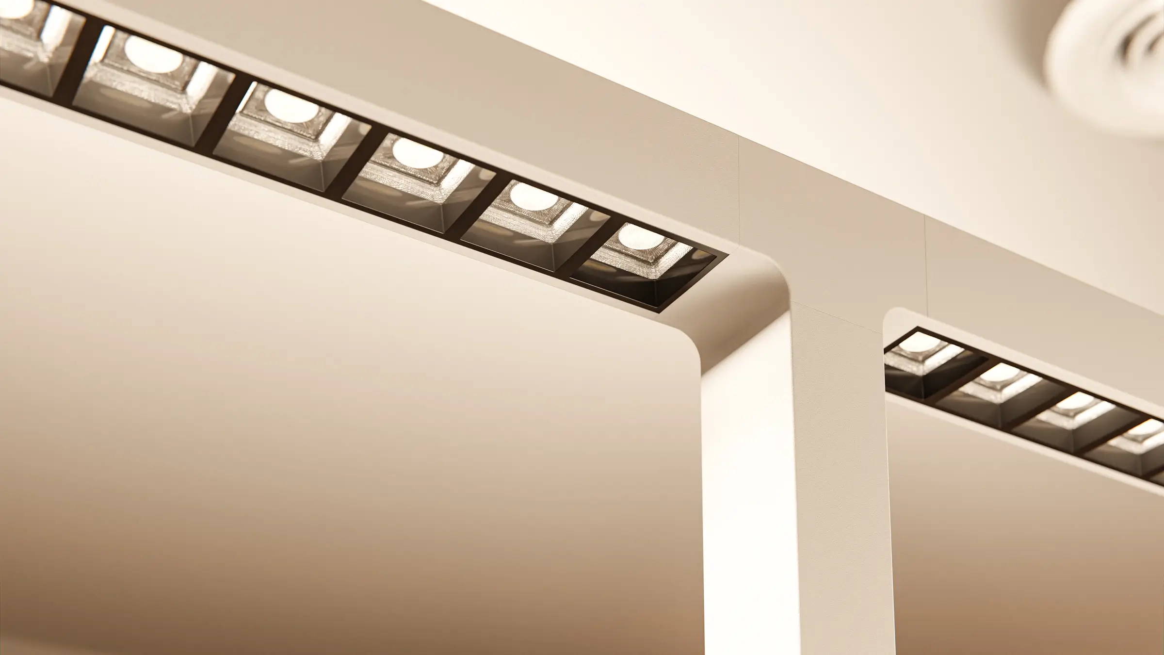 Lampadaire Lumino Pro Duo blanc d'ofinto vu d'en bas - open space montrant les LED OSRAM vues d'en bas, tête de lampe fine et haut de gamme avec capteur