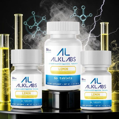 Three bottles of ALKLABS supplements with laboratory elements in the background.