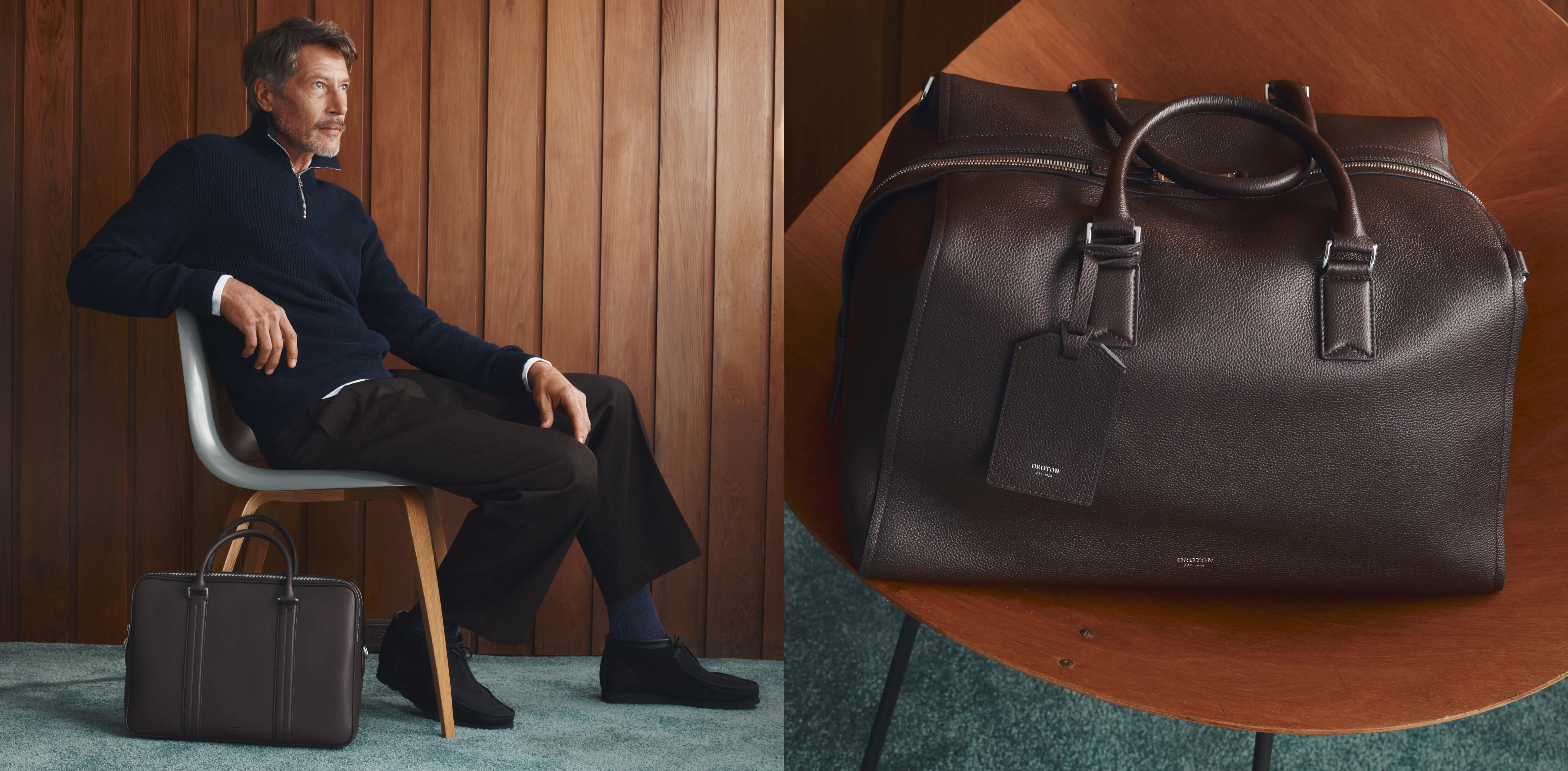 Man sitting on a chair beside a brown leather bag.