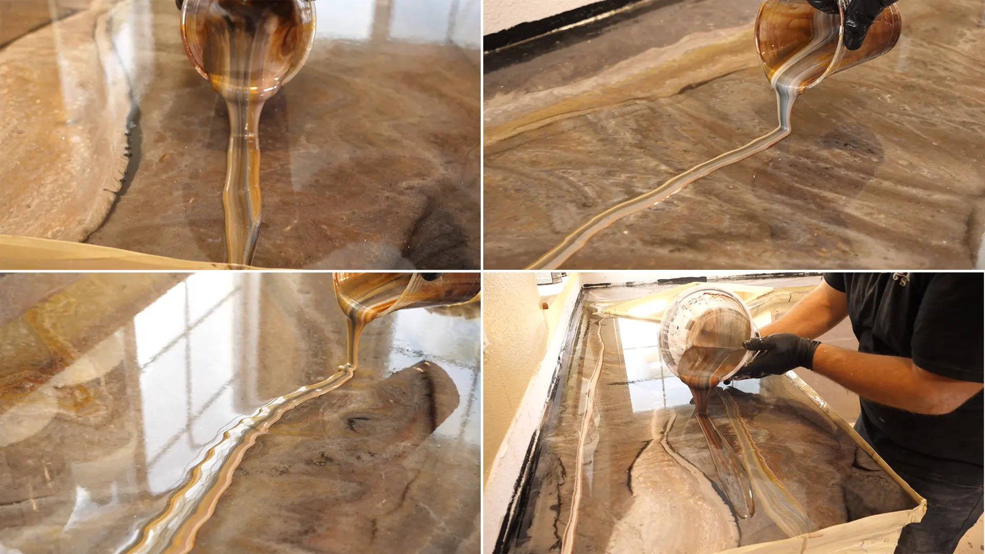 Adding final effects by pouring the remaining epoxy onto countertops for a desired natural look and to mimic sediment.