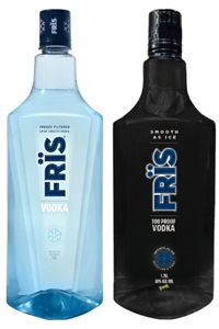 Two bottles of Fris vodka, one blue and one black.