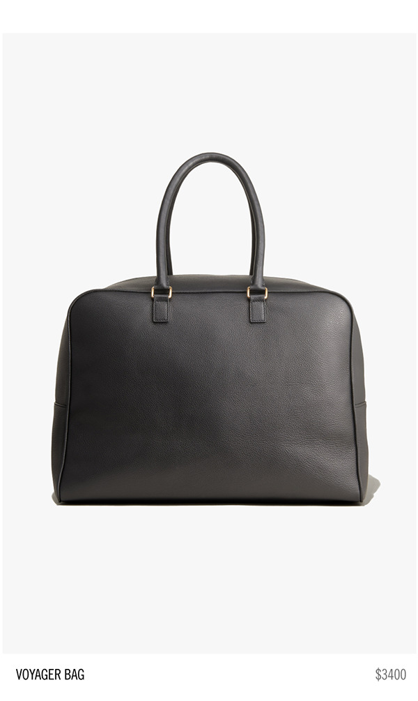 Black voyager bag with two handles on a white background.