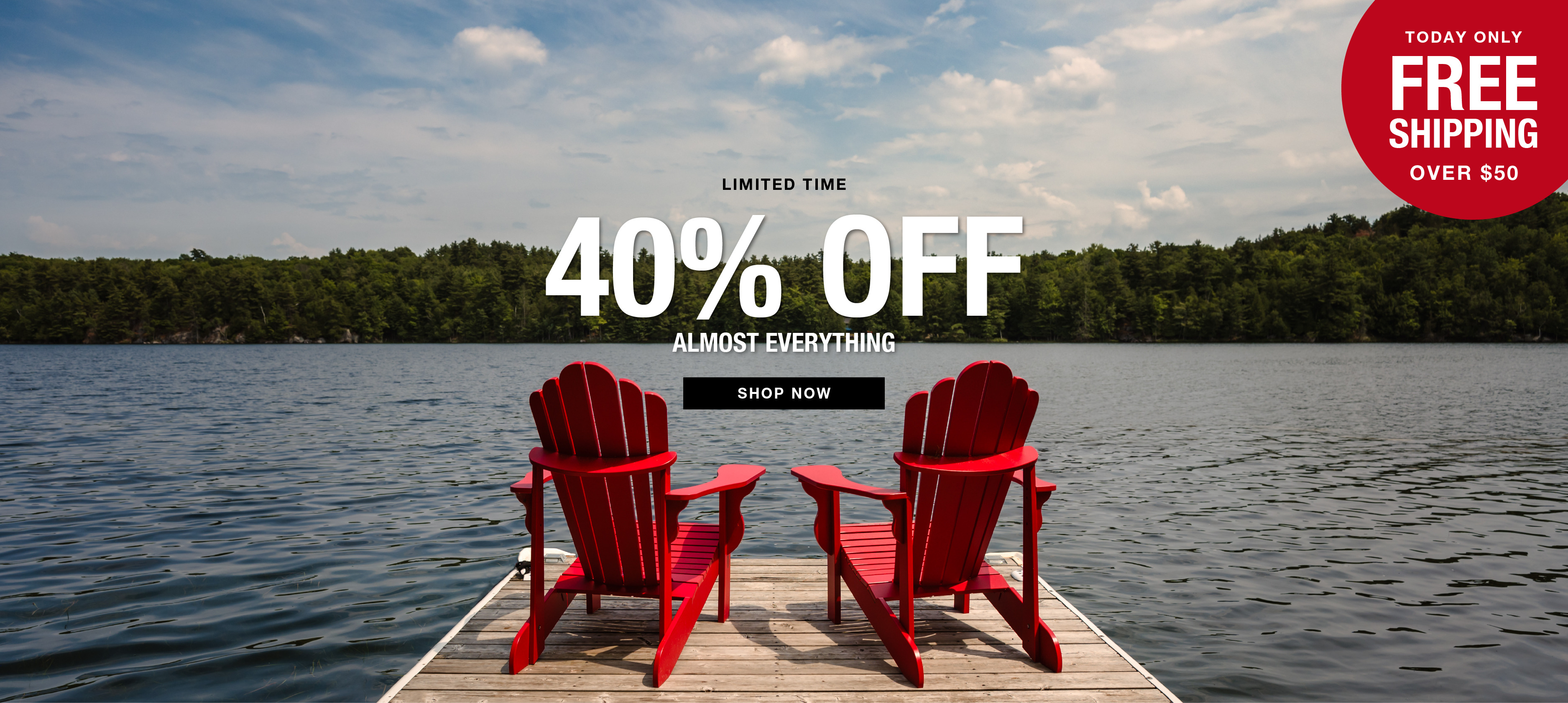 Two red chairs on a dock overlooking a lake with a promotional banner.
