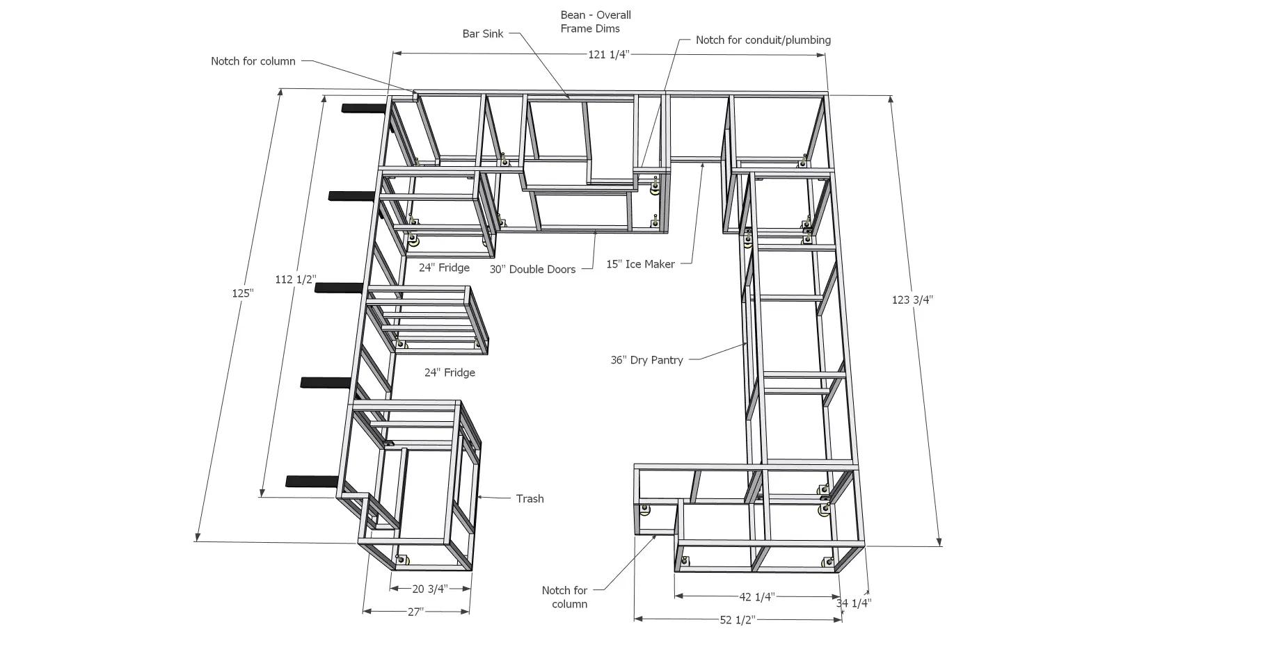 Floor plan sketch with measurements for a kitchen layout.